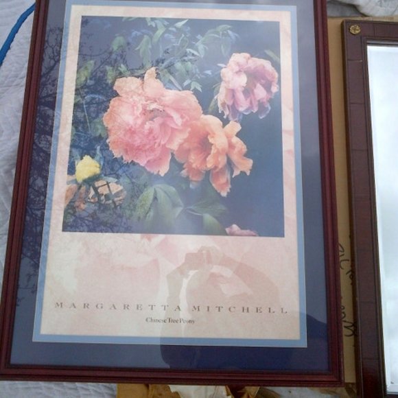 BLUE, PEACH, AND ROSE FLOWER PRINT WITH CUSTOM DOUBLE MAT AND CHERRY WOOD FRAME - Picture 2 of 5